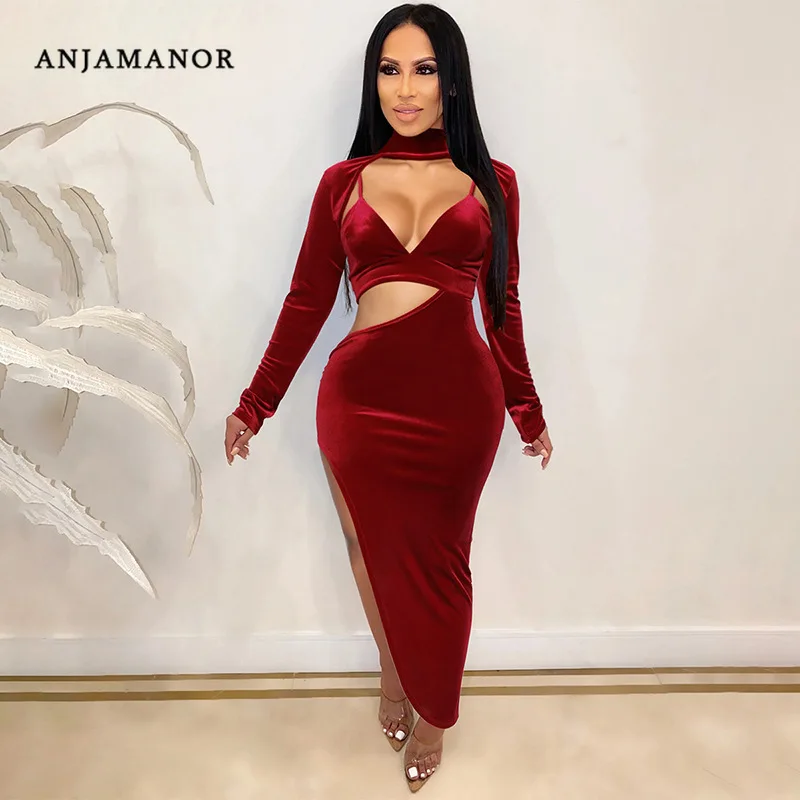 ANJAMANOR сексуальные бархатные вечерние платья для ночного клуба выдалбливают