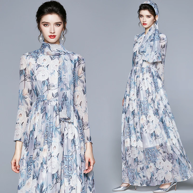 Эстетическое светильник голубое платье с принтом для девочек шарфом длинным