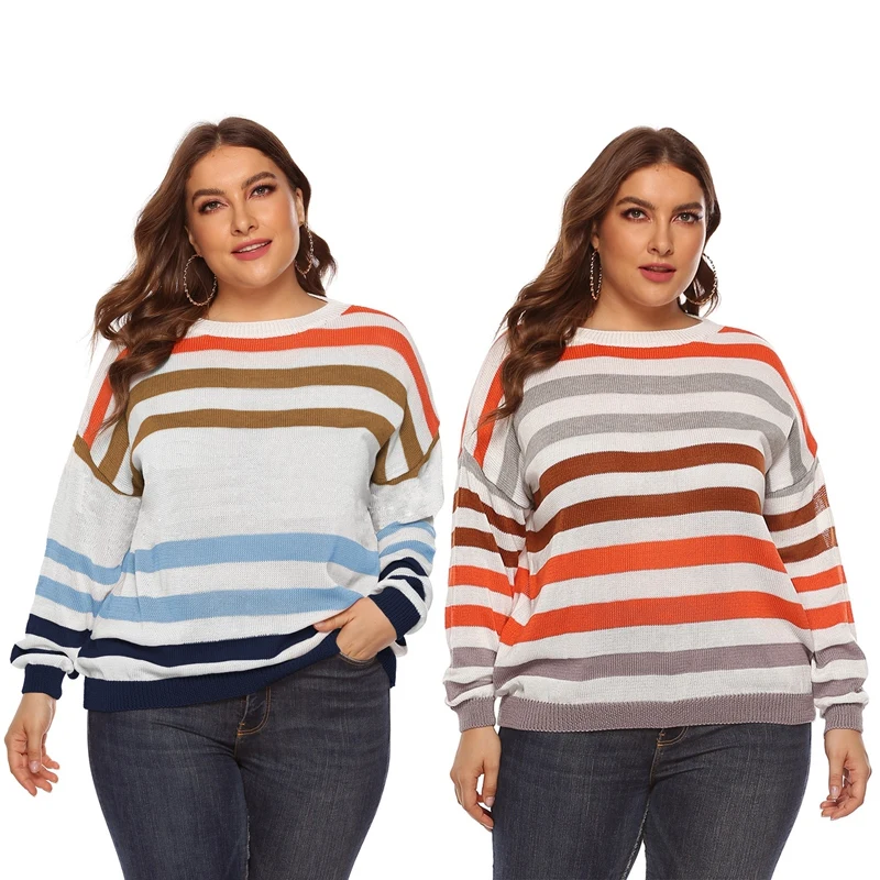 

Womens Loose Casual Sweater Plus Size Multicolor Knitted Autumn Winter Pullover Striped Female Jumper