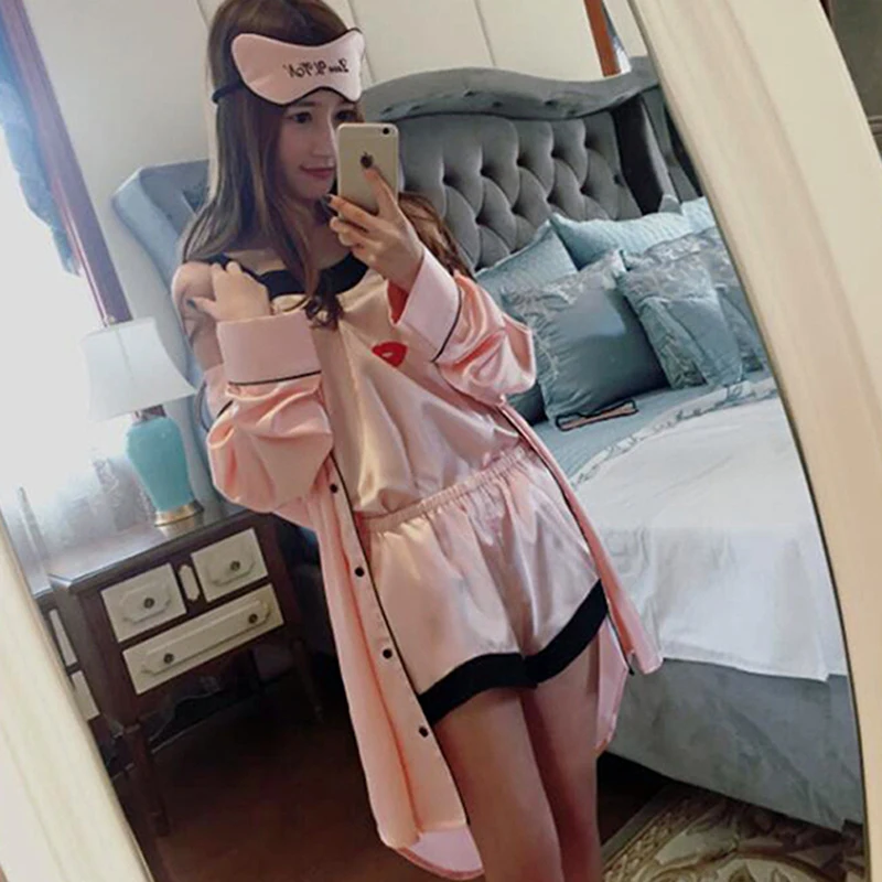 Женские пижамные комплекты из 4 предметов с принтом ресниц на тонких бретельках