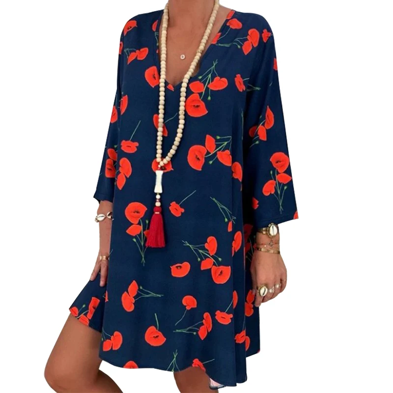 

2020 Spring Summer Office Plus Size Dress Women Floral Print V-neck Long Sleeve Mini Dress Elegant Woman Loose Casual Dresses