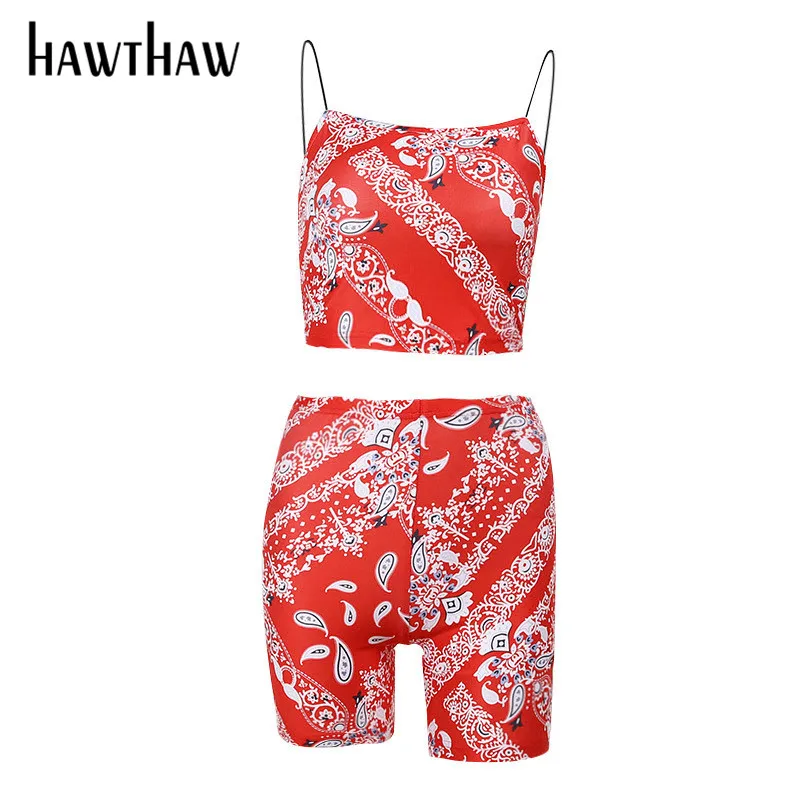 

Hawthaw Women Summer Fashion Printed Tank Tops Short Pants Bodycon Two Pieces Set Suit Outfit 2021 Female Clothing Streetwear