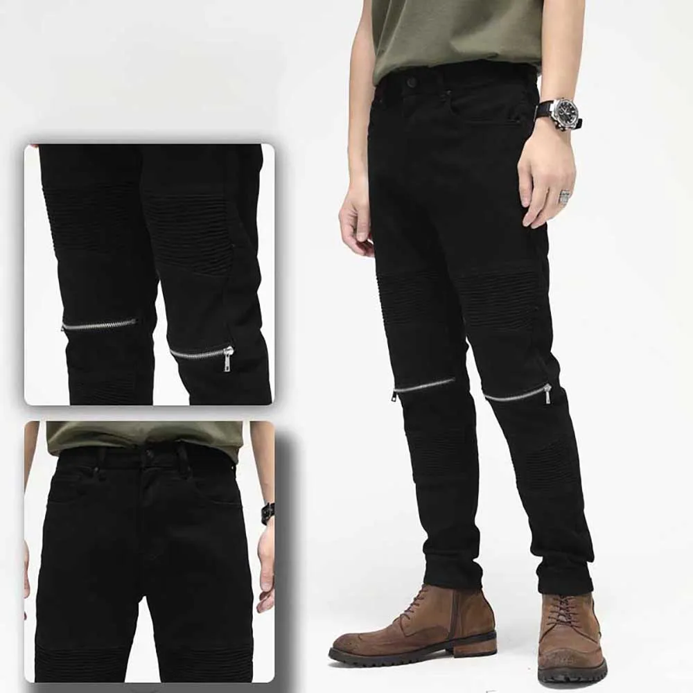 Retro Black Stretch Biker Jeans Slim Fit Knee Zipper Pleated Trousers Men Distressed Skinny Denim Streetwear Patchwork Joggers