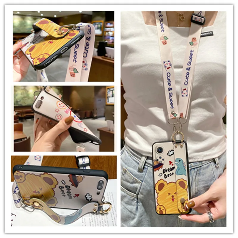 

Cartoon Smiley Bear Wristband Long Lanyard Protective Shell Phone Case Capa For Huawei Honor 50 X10 9X 8X Nova 8 7SE P30 P40 Pro