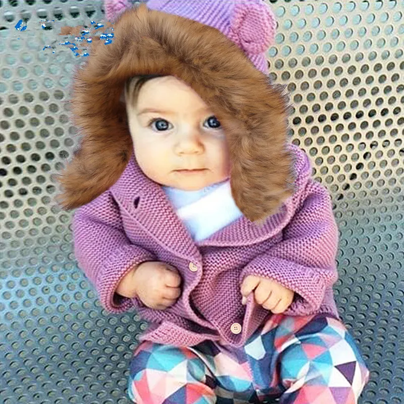 Вязаные свитера с капюшоном для мальчиков и девочек; двубортная верхняя одежда с ушками и мехом; Цвет хаки, серый; 6-24 месяца