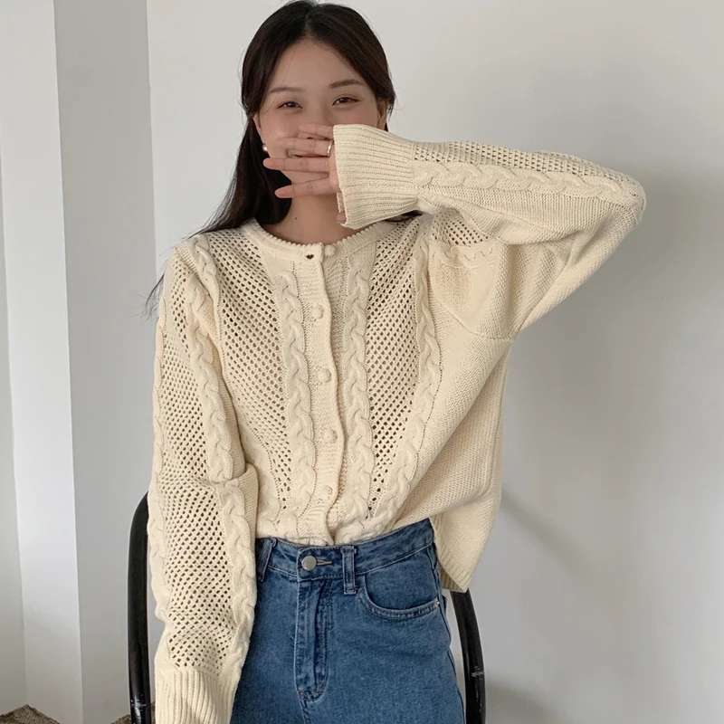 

Женский трикотажный кардиган, однобортный винтажный кардиган в Корейском стиле с вырезами и длинным рукавом