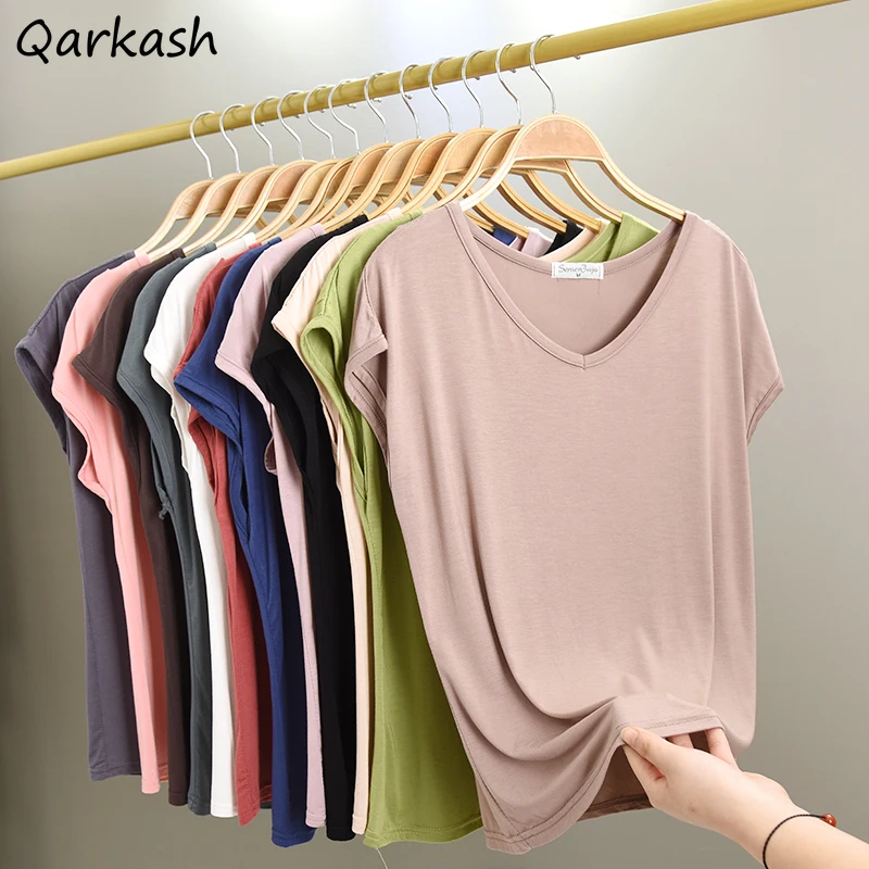 

Short Sleeve T-shirts Women Modal V-neck Slim Tees Elegant Solid Basic Tops All-match Fashion Tshirts Casual Korean Style Ladies