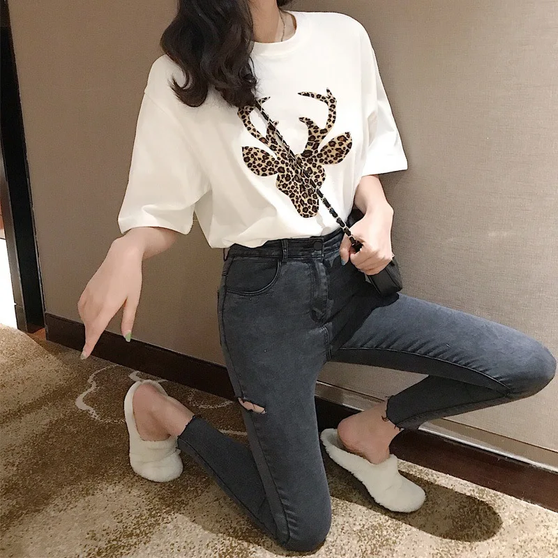 Женская футболка с леопардовым принтом и короткими рукавами|Футболки| |