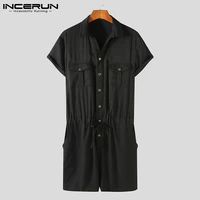 fashion men rompers solid color lapel streetwear button casual jumpsuits short sleeve pockets leisure cargo overalls men incerun