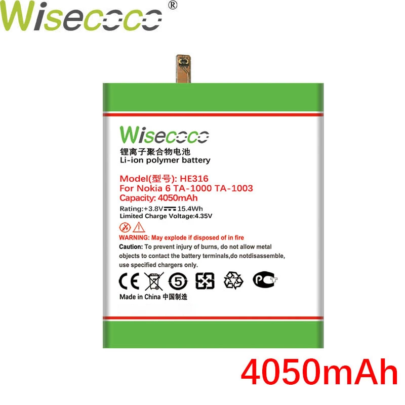 WISECOCO 4050 мАч HE316 Батарея для Nokia 6 TA 1000 1003 1021 1025 1033 в наличии Новейшее