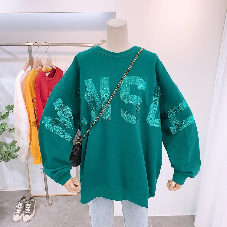 2020 Spring and Autumn New Oversized Hoodie Coat Korean Casual Sequined Letters Lazy Wind Loose Pullover Hoody Women Sweatshirt | Женская