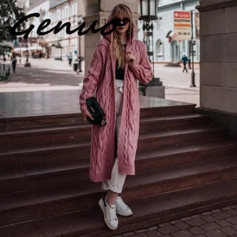 

Genuo New 2019 Women Long Sleeve Hooded Cardigans Hemp Pattern Sweater Oversized Loose Knitted Outwear Coat Plus Size S-5XL