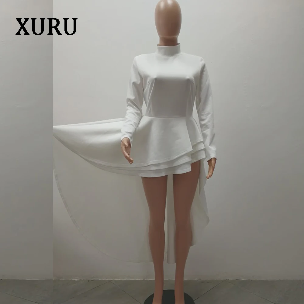 Платье женское асимметричное с длинным рукавом круглым вырезом и каскадными