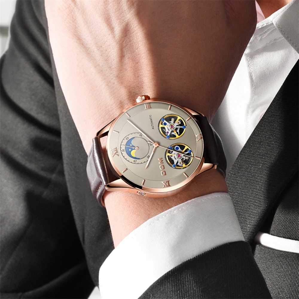 

DOM Hollow Men Watches Waterproof Leather Fashion Skeleton Tourbillon Watch Mechanical Wristwatch Moon Phase Relojes Hombre 1270