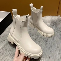 elastic ankle boots women casual female high top chelsea leather white shoes round toe botines de mujer square heel