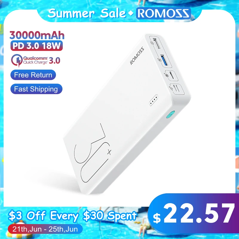 Портативное зарядное устройство ROMOSS 30000мАч USB Type A/ С/ Micro USB/ Lighting|Внешние