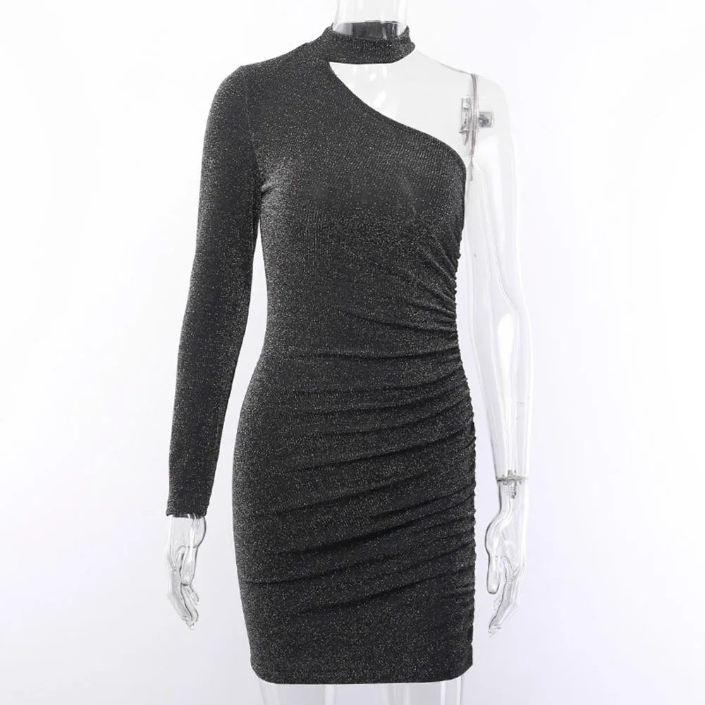 Сексуальное платье с лямкой на шее одно плечо облегающее мини длинными рукавами