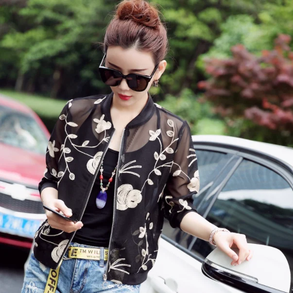 Summer Embroidery Short Jacket Women Sun Protection Clothes Sweet Thin Coat Baseball Bomber Chaqueta Mujer DA421 | Женская одежда