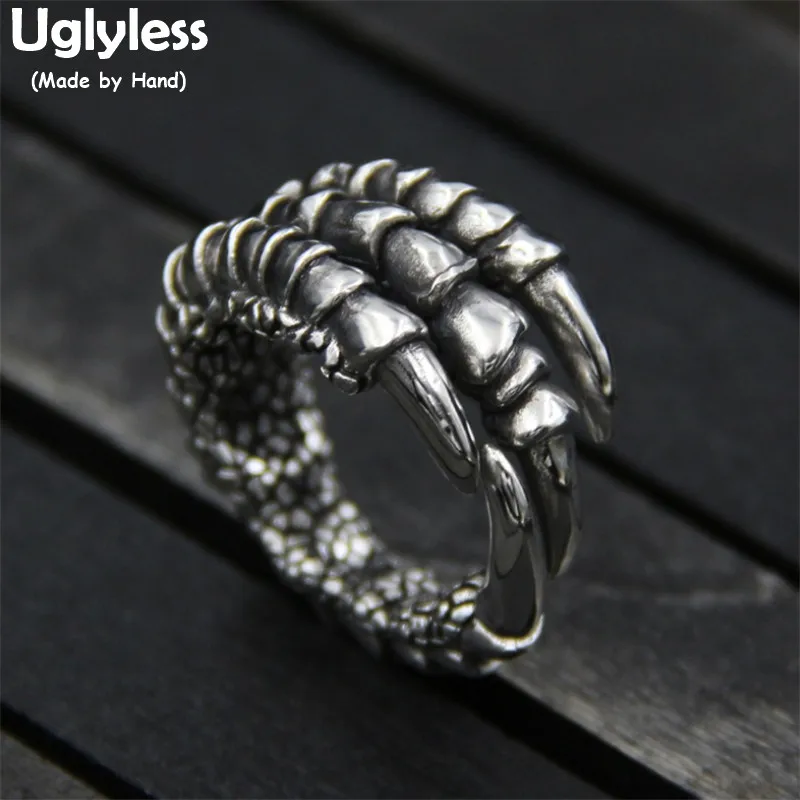 

Uglyless Real Thai S 925 Silver Men Cool Eagle Claw Finger Rings Exaggerated Design Handmade Personalized Punk Ring Retro Bijoux