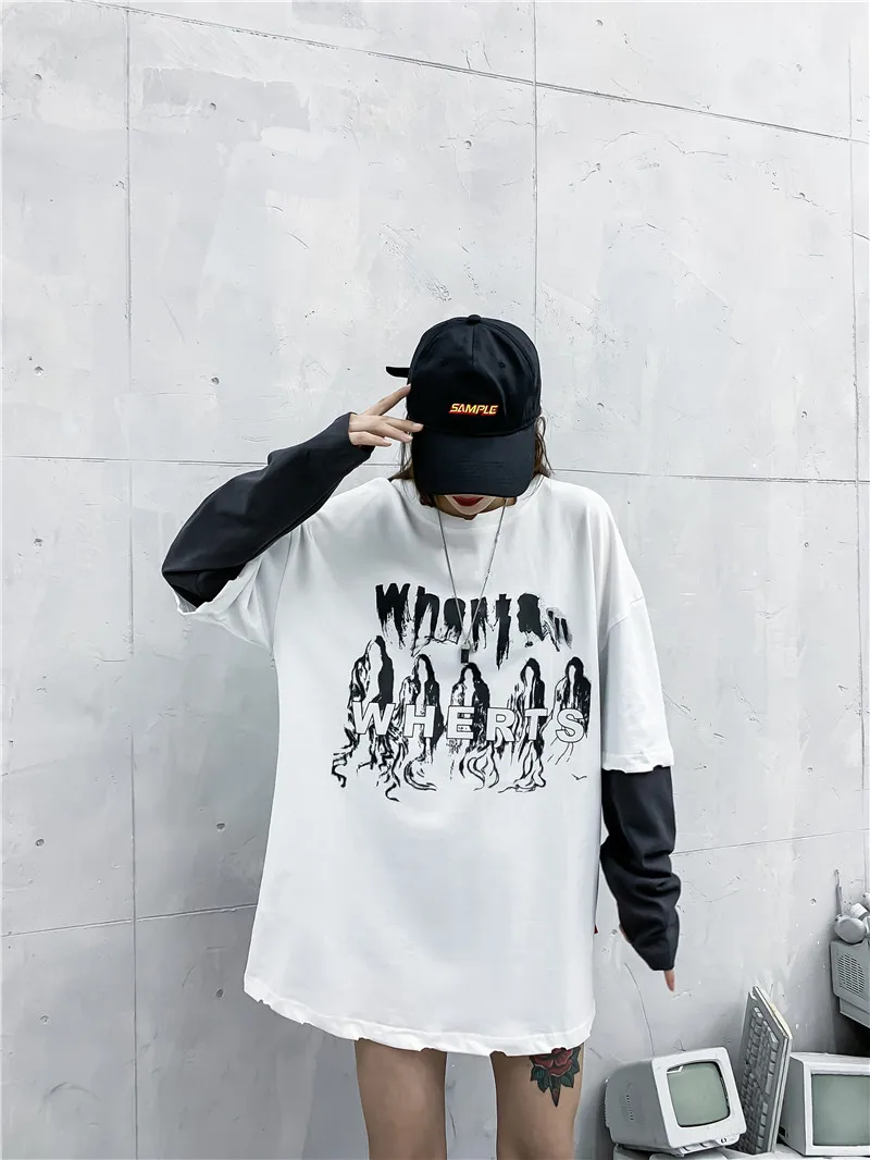 Мужская футболка в стиле хип-хоп Лоскутная с длинным рукавом круглым вырезом