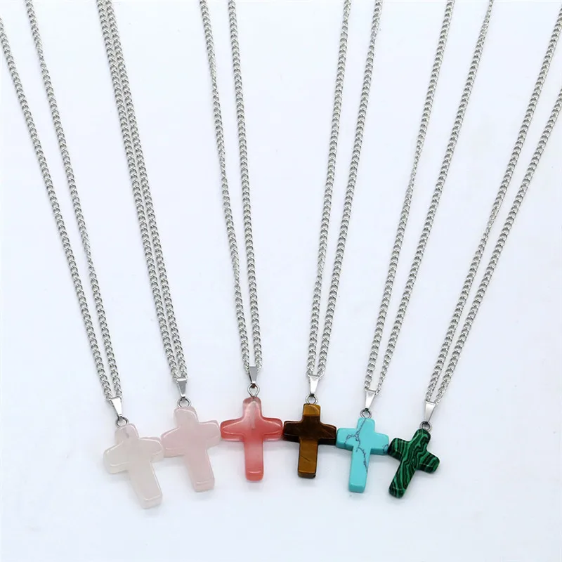 

1Pcs Colored Natural Stone Cross Pendant Necklace For Women Men New Fashion Vintage Sweater Clavicle Chain Party Wedding Jewelry