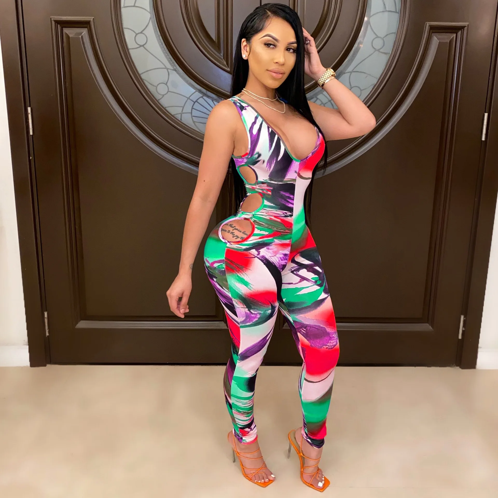 

young party women fashion deep v neck skinny jumpsuits sexy tight club party lady fashion bodysuits high street overalls