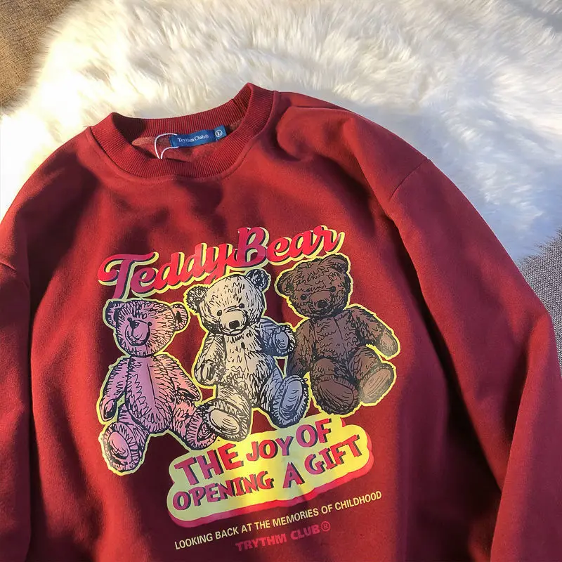 

Girls Sweatshirt 2021 Autumn Cute Bear Cartoon Print Student Sweatshirt Wine Red Sweatershirt Women