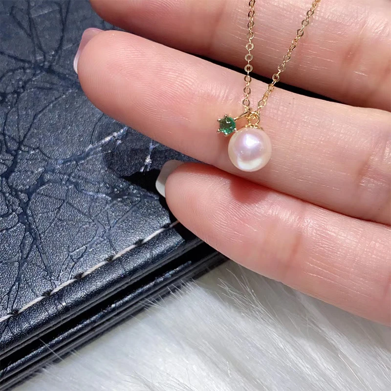 

ANI 18K Solid Yellow Gold Necklace Natural Freshwater Pearl Jewelry Women Engagement Necklace Birthday Gift Natural Emerald