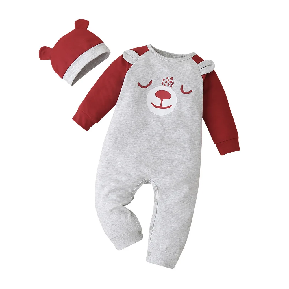 

2020 Winter Style Infant Newborn Baby Romper Long Sleeve Print Cartoon Bear With Hat Cute Jumpsuits Babys Clothes Outfits 0-24M