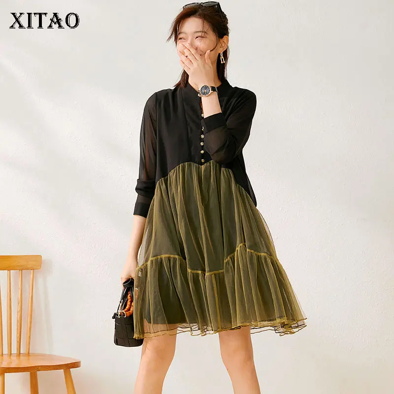 

XITAO Pleated Mesh Patchwork Chiffon Dress Early Autumn Fashion New Women Contrast Color Loose Stand Collar Long Sleeve WMD2377