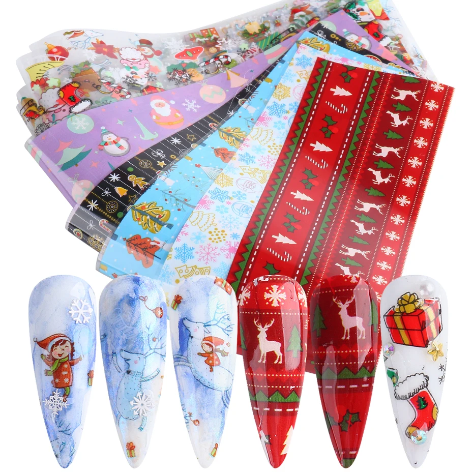 10 шт./компл. Рождественская переводная Фольга для дизайна ногтей Наклейка зимние