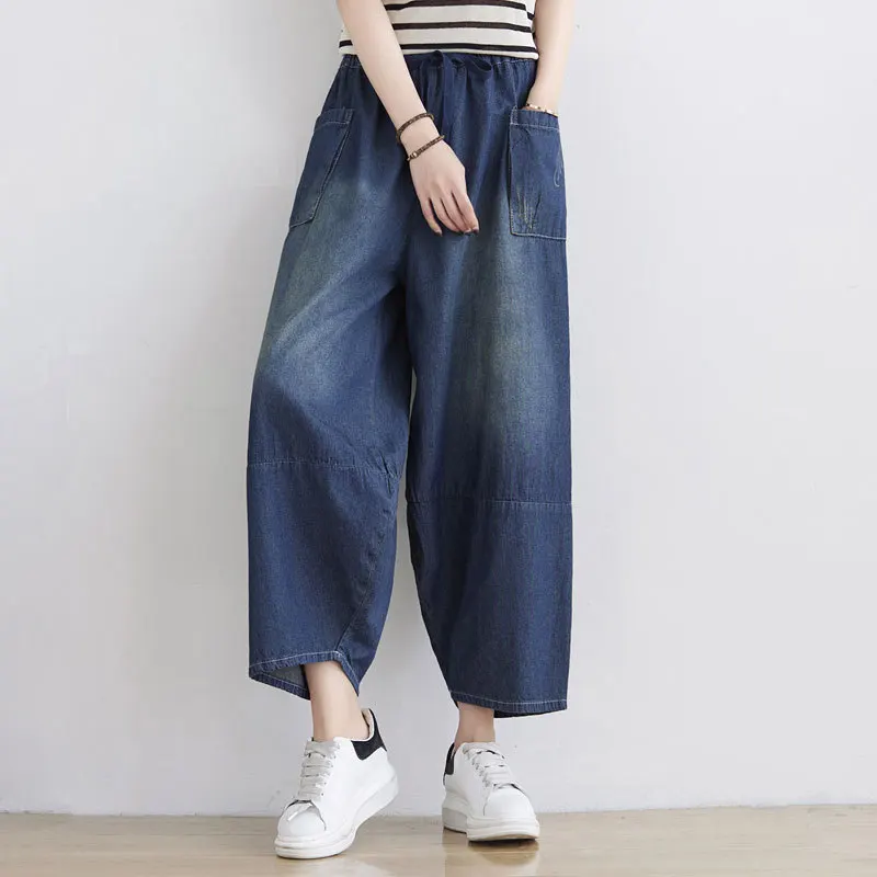 Free Shipping 2021 New Fashion Ankle Length Pants Women Loose Trousers Summer Denim Pants With Pockets Elastic Waist Blue Jeans
