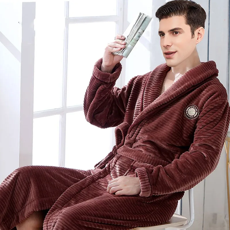 

Ultra Long Winter Kimono Bathrobe Men Thicken Flannel Robe Gown Oversized 3XL-4XL Nightgown Loose Coral Fleece Sleepwear