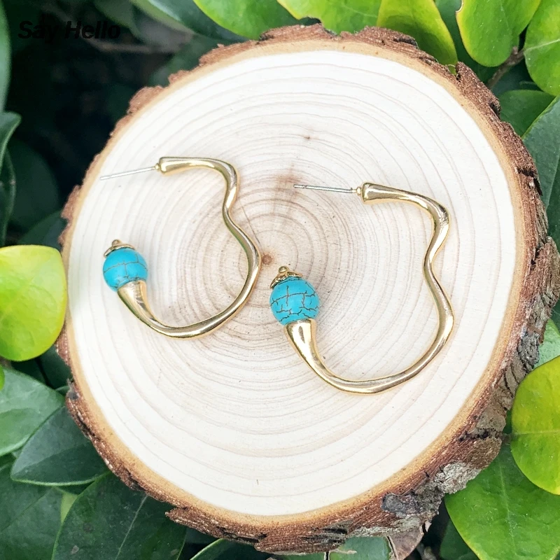 Женские серьги-кольца SAY HELLO Boho модные серьги с бирюзовыми бусинами