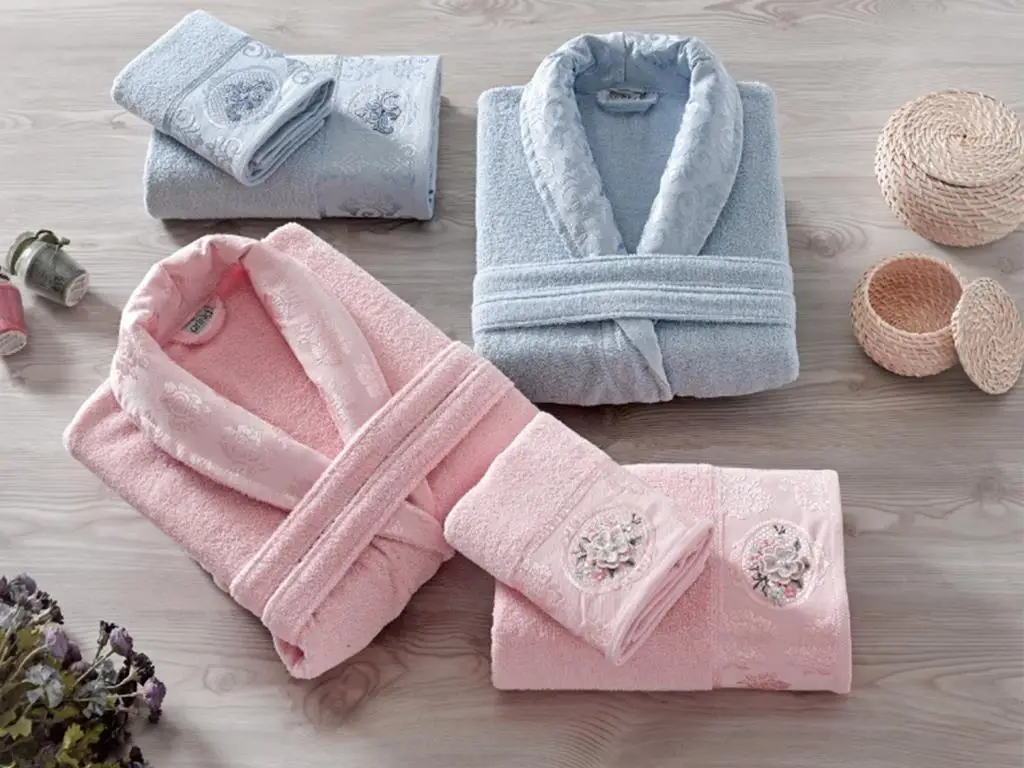 

Rosel Curling Jacquard Family of Bathrobe Set Powder Blue