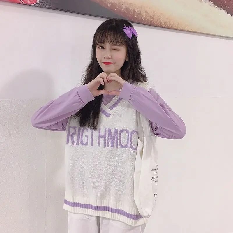 Women Sleeveless Pullover Jumper 2020 Autumn Korean Style Cute Letter Moon Embroidery V Neck Knitted Sweater Vest Waistcoat T399 | Женская
