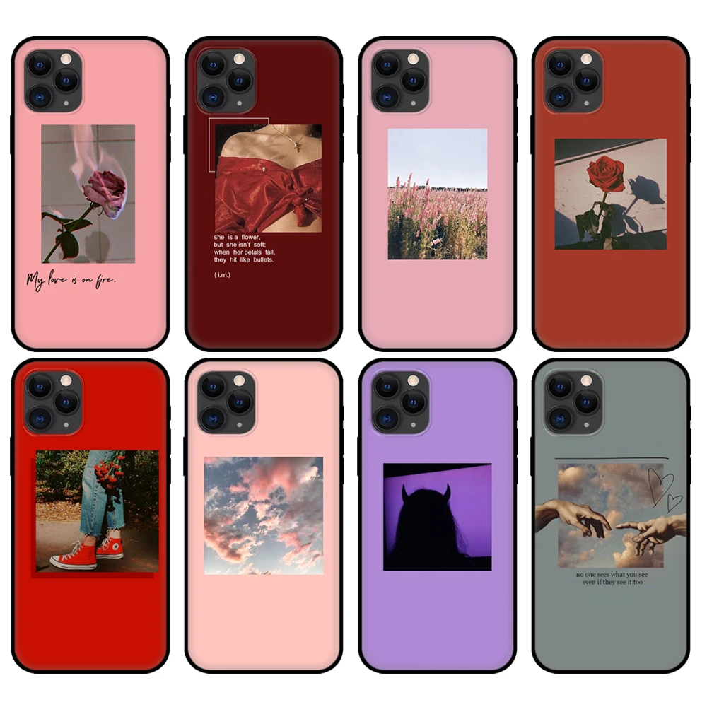 Черный чехол из ТПУ для iphone 5 5s se 6 6s 7 8 plus x 10 XR XS 11 pro MAX розового красного цветов с
