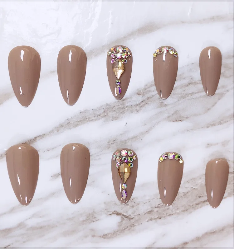 

24pcs Nude Color Fake Nail Patch Glue Type Rhinestones Inlaid Removable Long Paragraph Fashion Manicure False Nail Patch SMJ