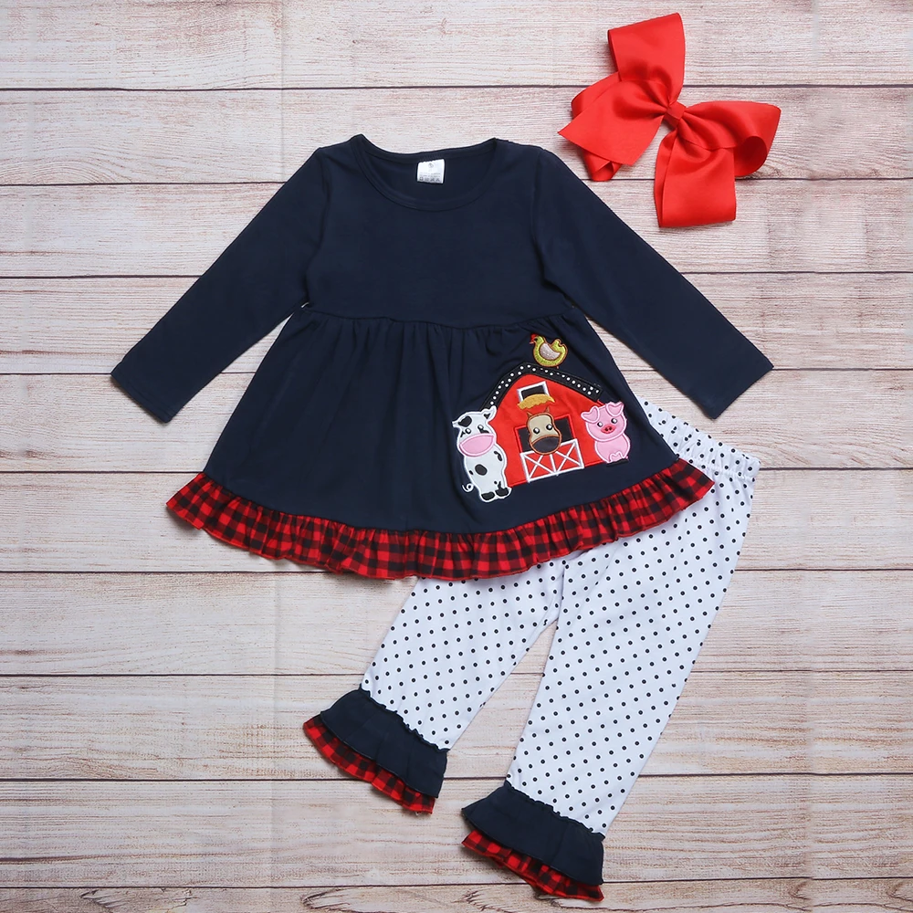 Autumn Girls Clothes Navy Blue Long Sleeve Skirt And White Trousers With Black Dots Farm Cow Pig And Hen Embroidery Girl Clothes