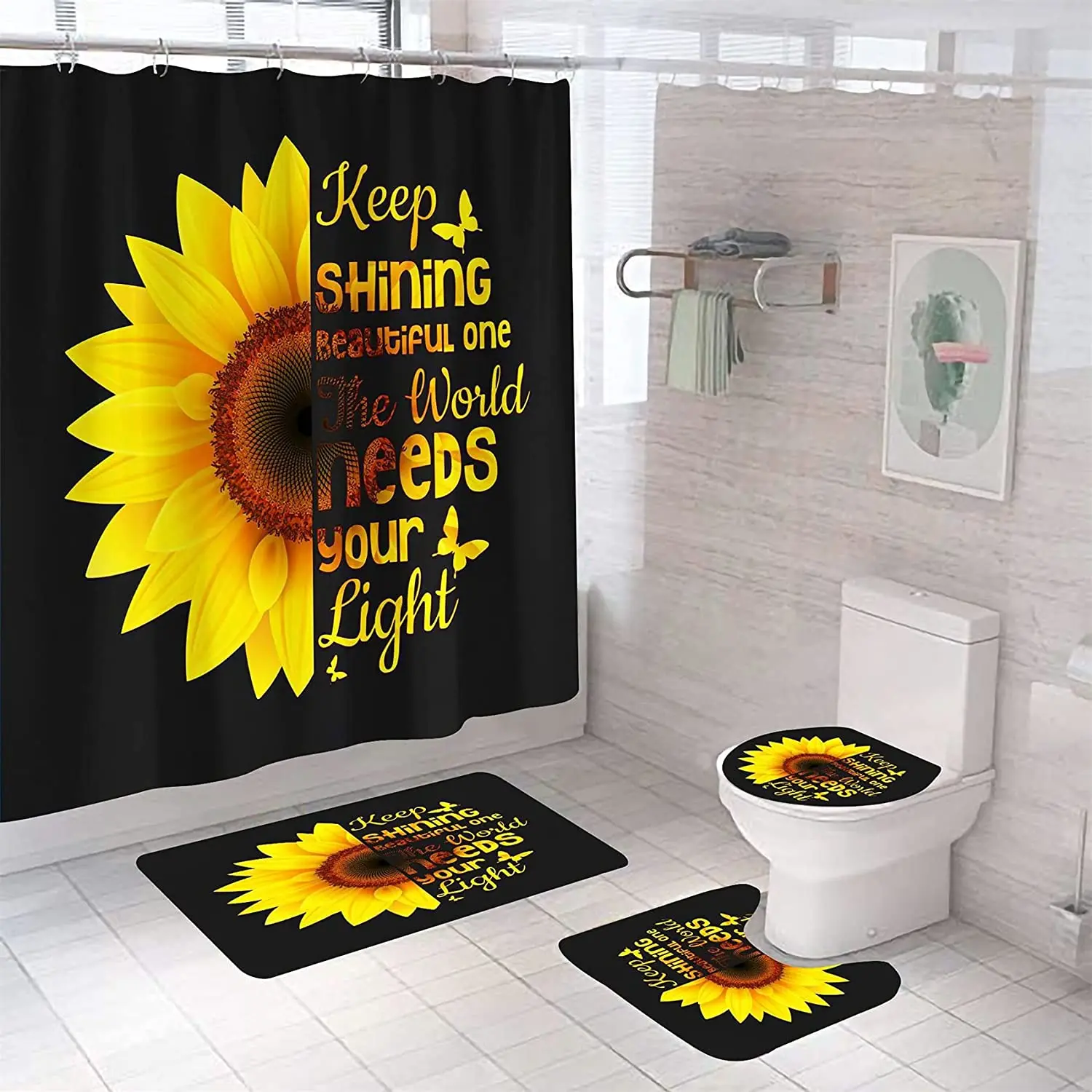 

Sunflower Shower Curtain Sets with Rugs Magic Butterfly Bathroom Set Bath Curtain Rugs Toilet Rugs Mats Floral Bathroom Curtains