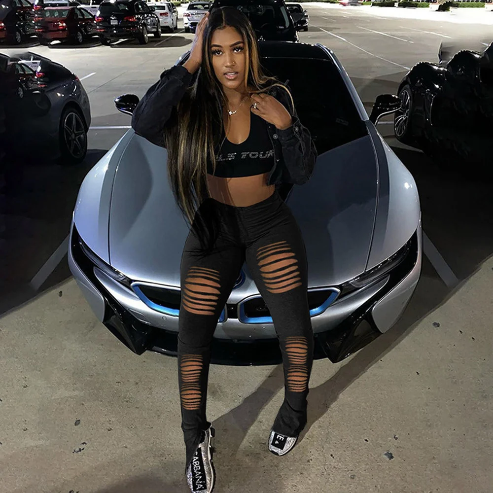 

Black Grey Hollow Out Casual Stacked Sweatpant for Women High Waist Push Up Bodycon Pant Streetwear Female Ruched Jogger Bottom