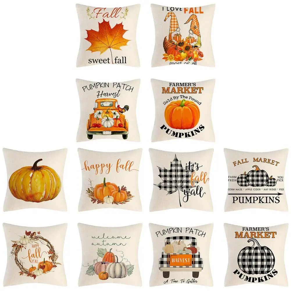 

4PCS 18x18 Inch Fall Pillowcases Pumpkin Pattern Linen Pillow Covers Thanksgiving Sofa Cushion Case Home Decoration
