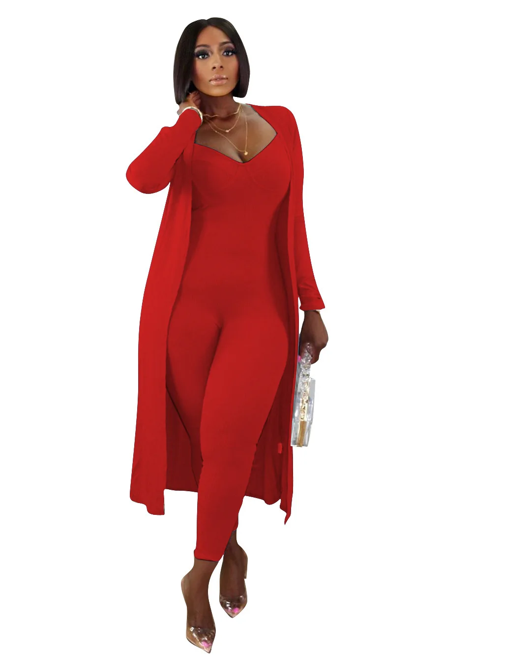 

Women's casual ribbed long-sleeved jacket slim fit jumpsuit two sets