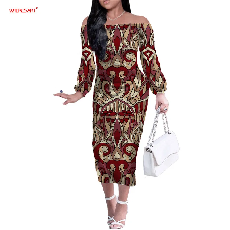 

WHEREISART African Tribal Pattern Women's Midi Dress Sexy Bodycon Prom Dress for Ladies Ethnic Off Shoulder Dress Long Sleeve