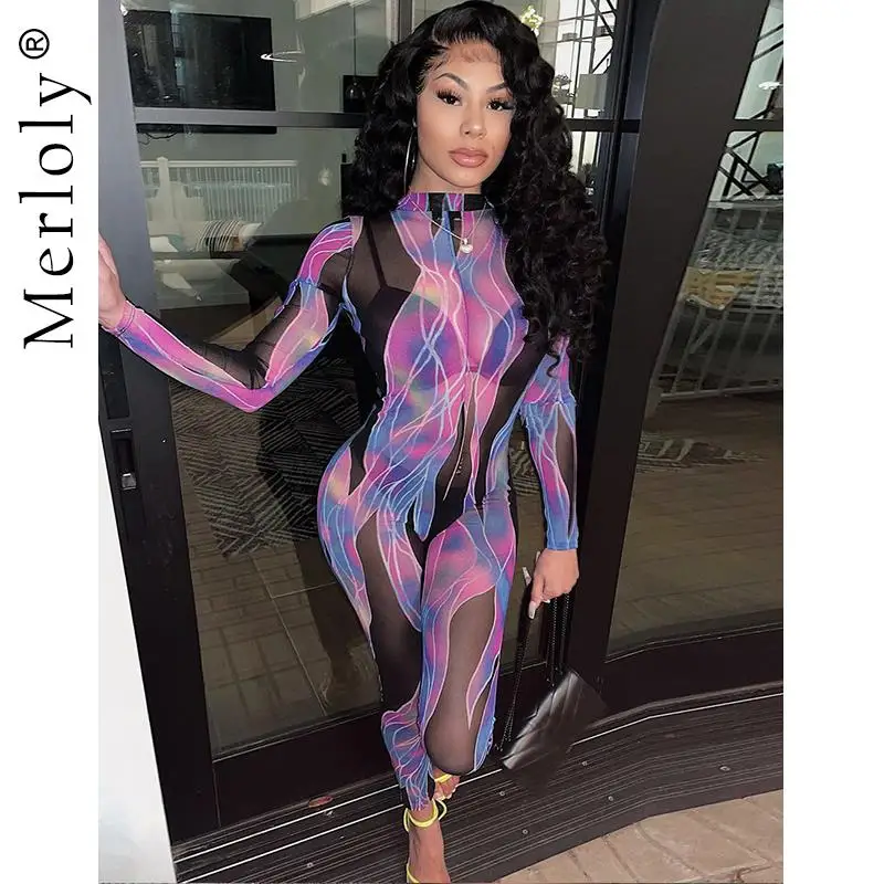 

Sexy Mesh See Through Bodycon Jumpsuit Women Print Long Sleeve Fashion Skinny Rompers 2021 Fall Party Clubwear Streetwear