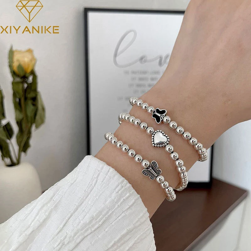 

XIYANIKE Silver Color Simple Design Bracelet Butterfly Love Heart Round Beads Hand Jewelry Women Fashion Exquisite Gifts