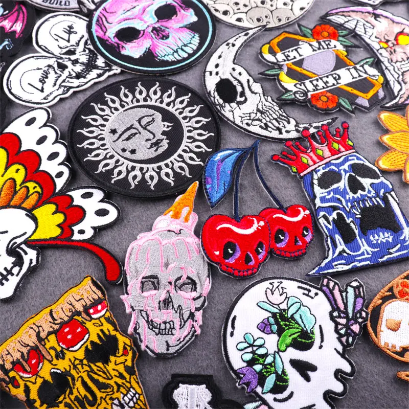 Вышивка в виде черепа панк-пиццы искусственные Швейные нашивки на одежде