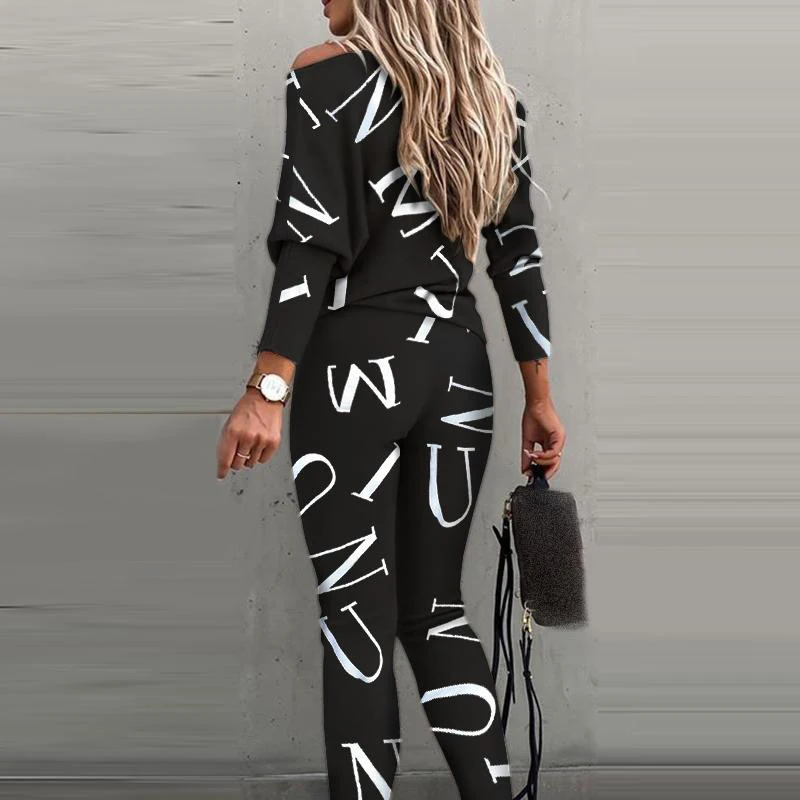 Letter Print Black Two Pieces Sets Women Tracksuits Casual Long Sleeve Pullover Tops Slim Fit Pants Leggings Female Sports Wear |