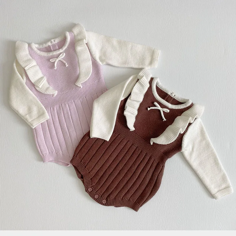 

Комбинезоны для маленьких девочек в клетку, однотонные вязаные комбинезоны с длинным рукавом для девочек, осенне-зимние комбинезоны для но...