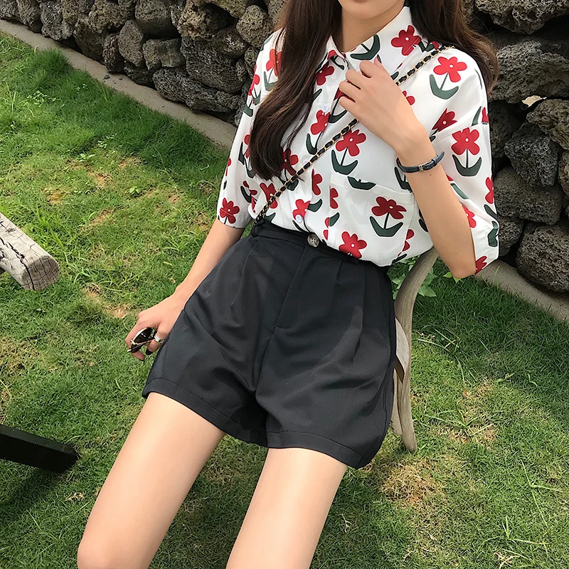 

KK974 Spring new Korean style high waist slimming pants drape wide-leg black casual overalls shorts